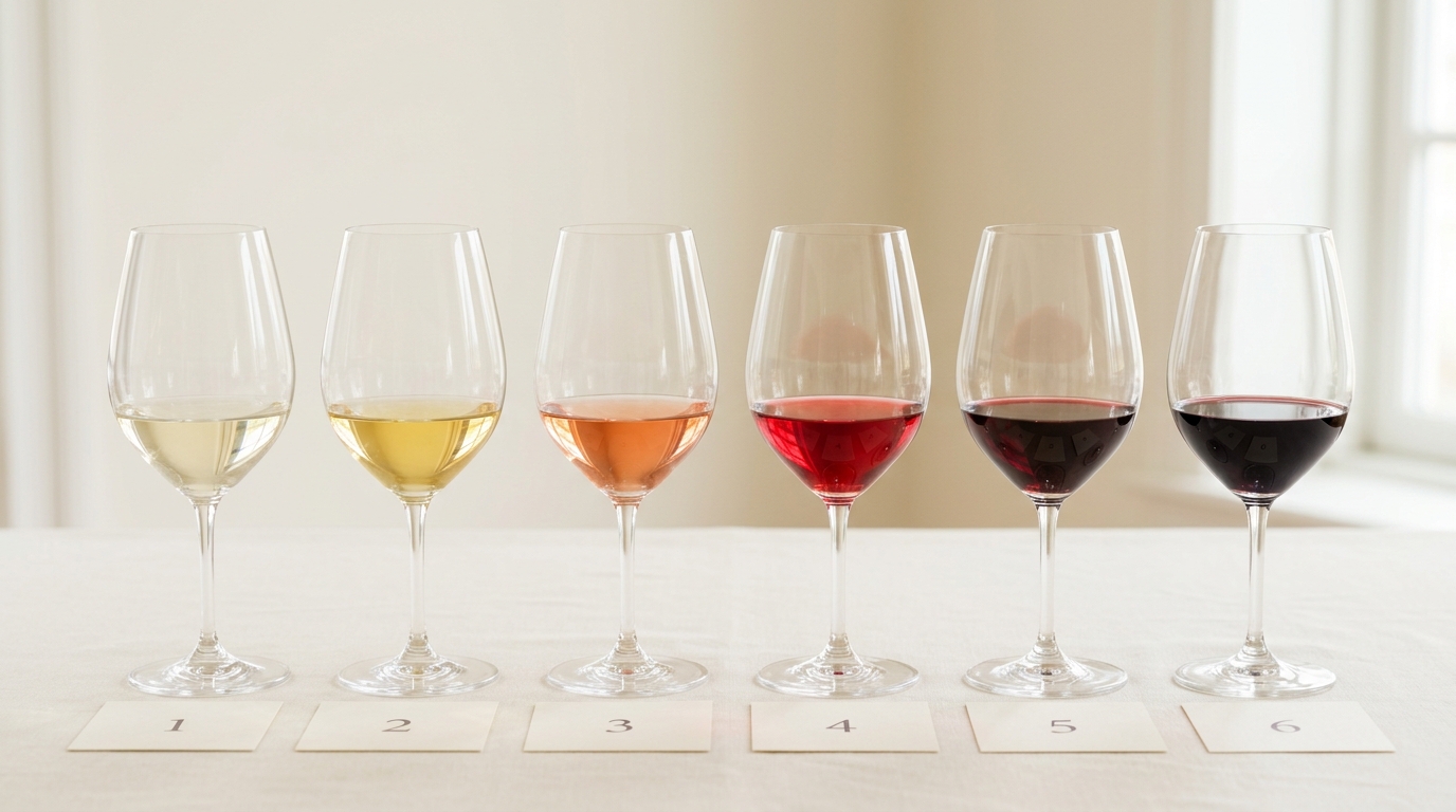 Wine glasses arranged from light to dark