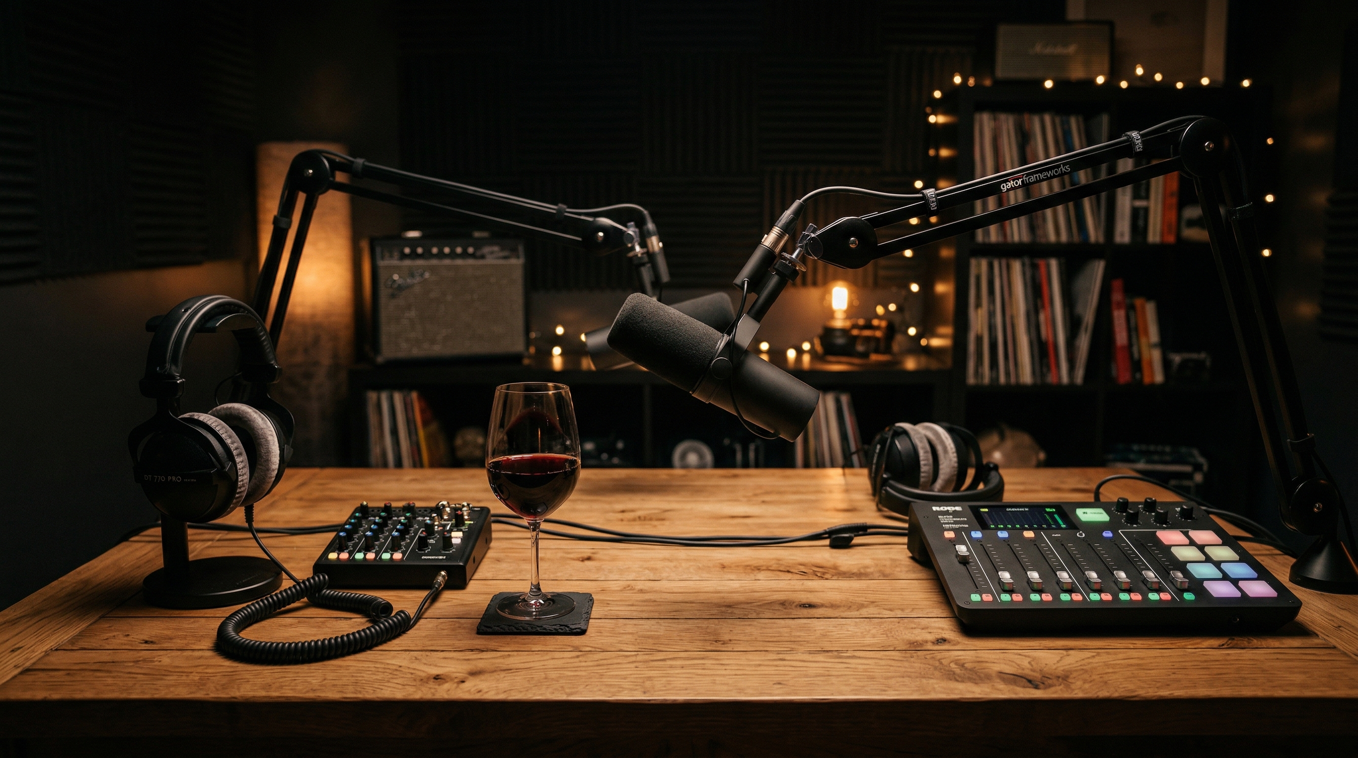 Podcast microphone with wine glass